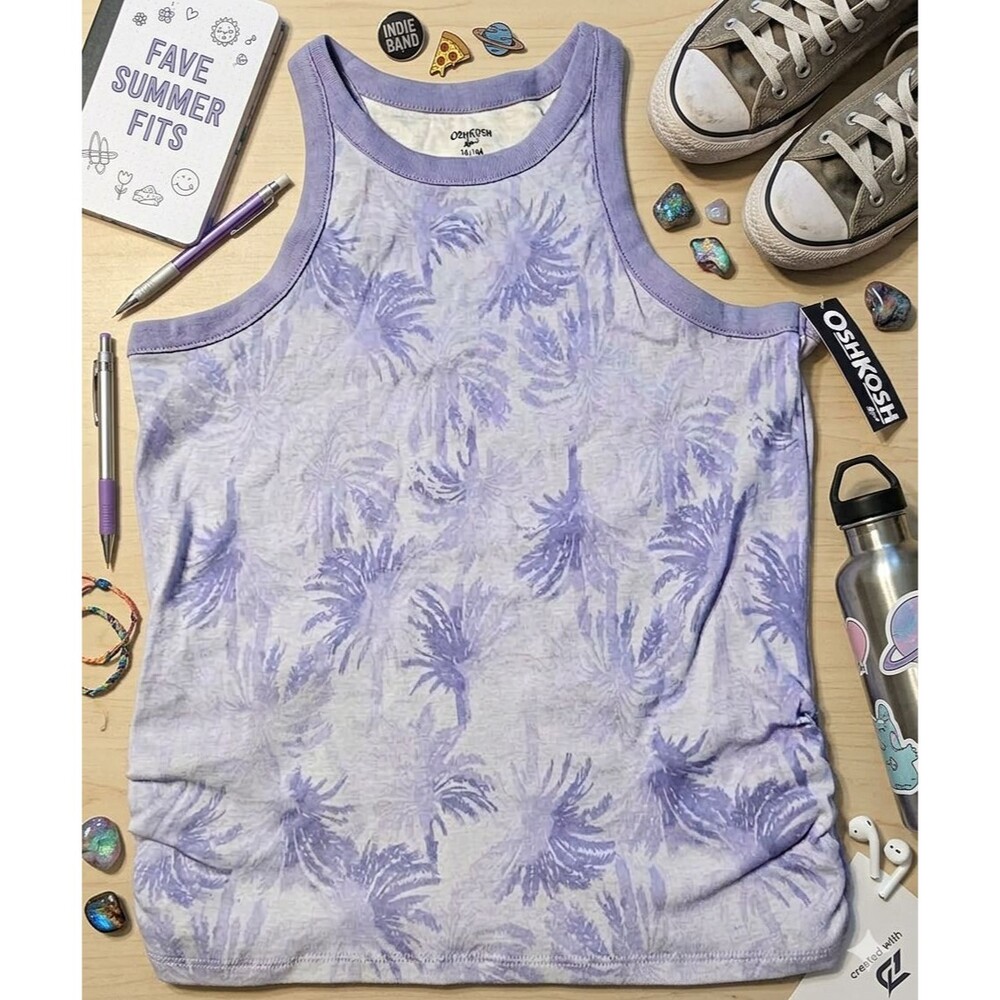Oshkosh Girls Purple Palm Tree Print Razor Back Tank Top Size 14,Beach,Hawaiian - Picture 2 of 9